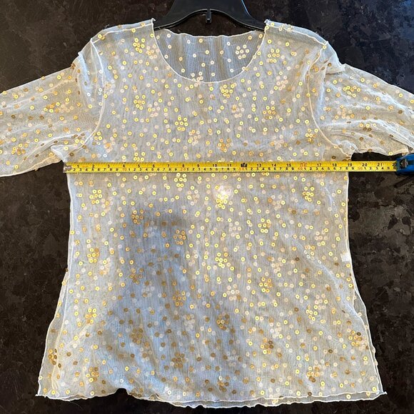 Sheer Ivory Top Embroidered with Gold Sequins Loose-Fitting & Flowing XS - Picture 9 of 10